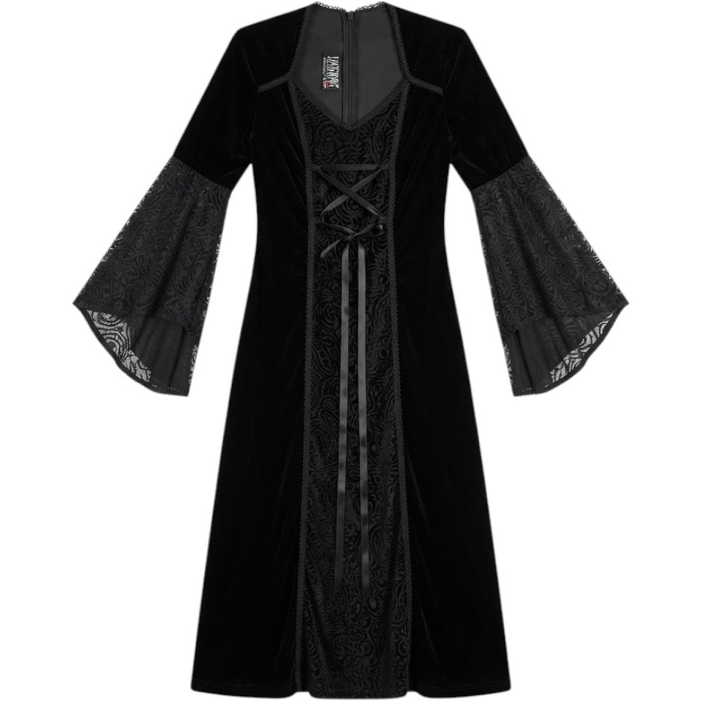 Vintage Lip Service Black Velvet Lace Up Bell Sleeve Gothic Maxi Dress Medium